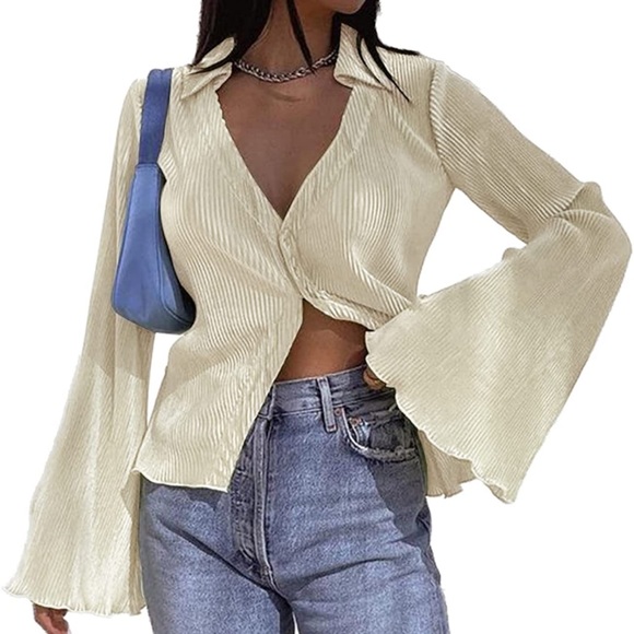 lyaner Tops - LYANER Women's Deep V Neck Button Front Bell Long Sleeve Blouse Shirt Top